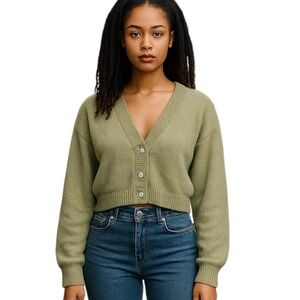 Kendall & Kylie Fuzzy Cropped Cardigan Button Front Sweater‎ Green M